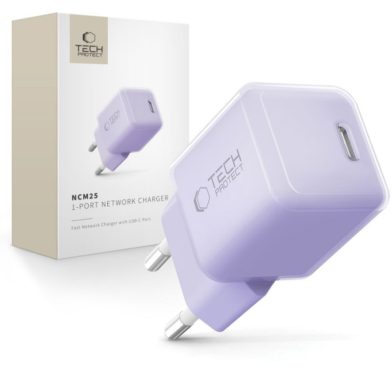 „Tech-Protect NCM25 USB-C PD 25W“ sieninis įkroviklis – violetinis