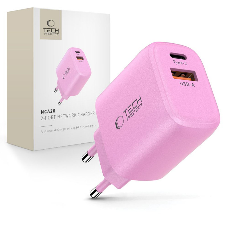„Tech-Protect NCA20 PD 20W QC3.0 USB-A / USB-C“ sieninis įkroviklis – rožinis
