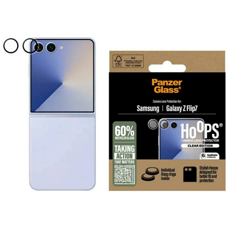 „PanzerGlass Hoops“ grūdinto stiklo objektyvo dangtelis, skirtas „Samsung Galaxy Z Flip7“