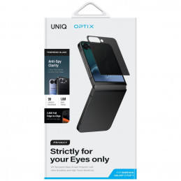 „UNIQ Optix“ grūdintas stiklas, skirtas „Samsung Galaxy Z Flip 7“, skirtas privatumui