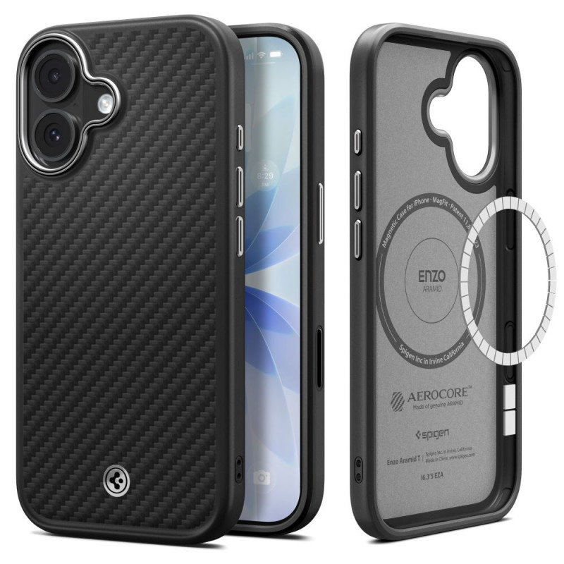 „Spigen Enzo Aramid T“ MagSafe dėklas, skirtas „iPhone 17“ – juodas ir sidabrinis