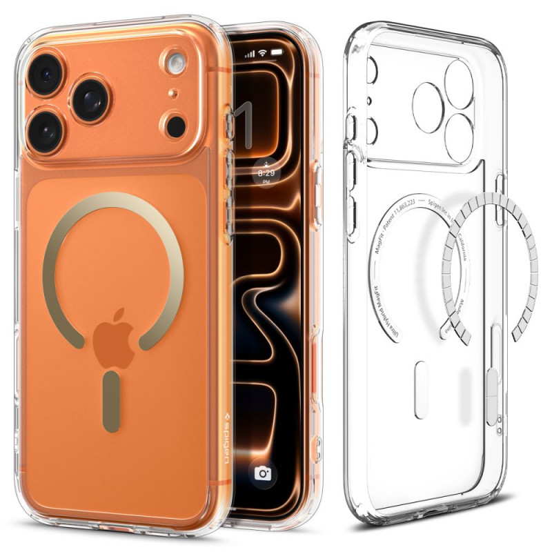 „Spigen Ultra Hybrid MagSafe“ dėklas, skirtas „iPhone 17 Pro“ – permatomas auksinis