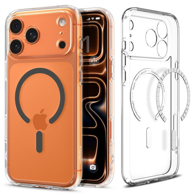 „Spigen Ultra Hybrid MagSafe“ dėklas, skirtas „iPhone 17 Pro“ – skaidriai pilkas
