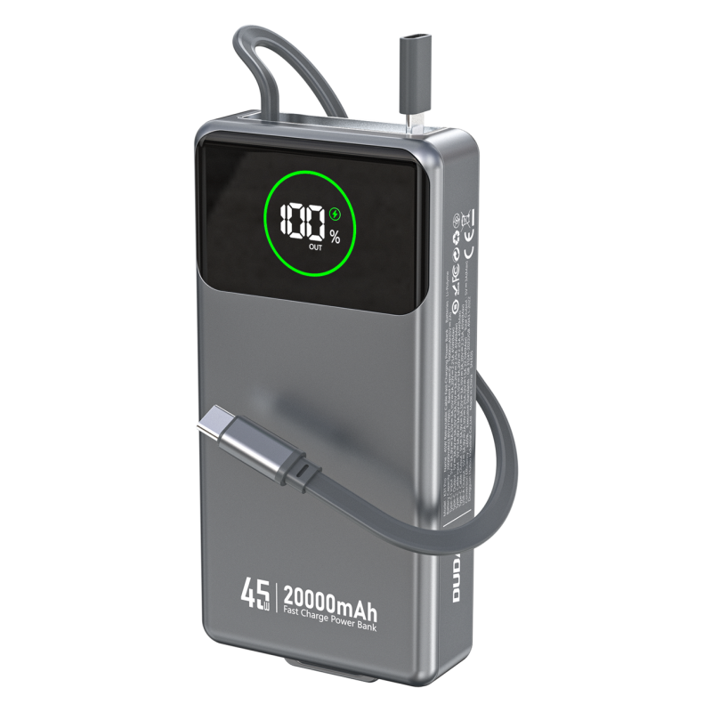 „Dudao K31 Pro“ 45 W 20000 mAh išorinė baterija su integruotu ištraukiamu USB-C laidu – pilka