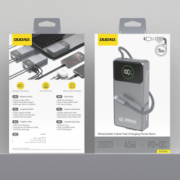 „Dudao K31 Pro“ 45 W 20000 mAh išorinė baterija su integruotu ištraukiamu USB-C laidu – pilka