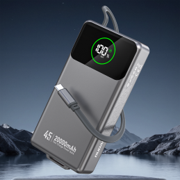 „Dudao K31 Pro“ 45 W 20000 mAh išorinė baterija su integruotu ištraukiamu USB-C laidu – pilka