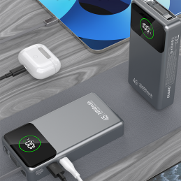 „Dudao K31 Pro“ 45 W 20000 mAh išorinė baterija su integruotu ištraukiamu USB-C laidu – pilka