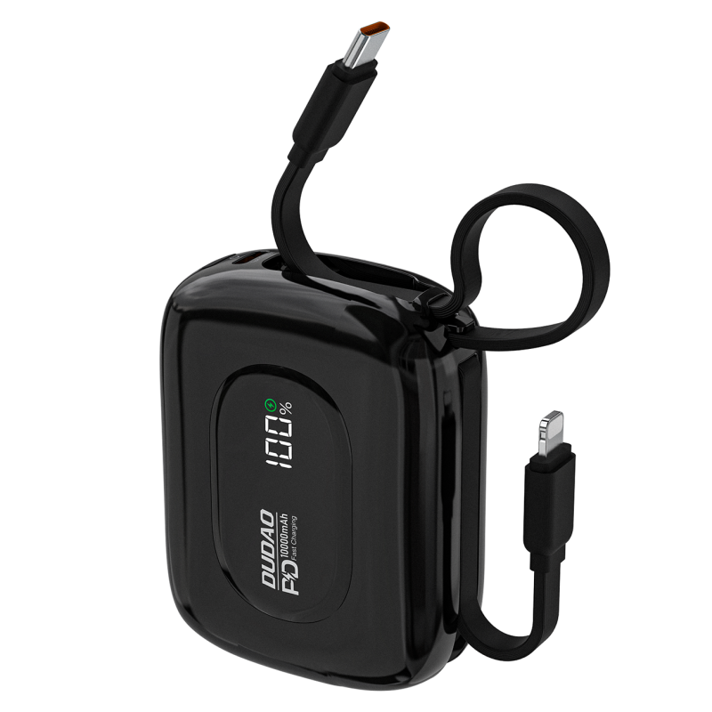 „Dudao K32“ 22,5 W 10000 mAh išorinė baterija su integruotu USB-C / „Lightning“ laidu – juoda