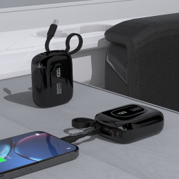 „Dudao K32“ 22,5 W 10000 mAh išorinė baterija su integruotu USB-C / „Lightning“ laidu – juoda