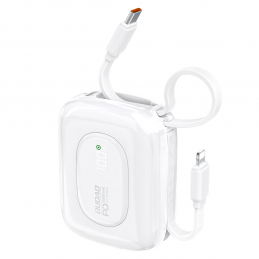 „Dudao K32“ 22,5 W 10000 mAh išorinė baterija su integruotu USB-C / „Lightning“ laidu – balta