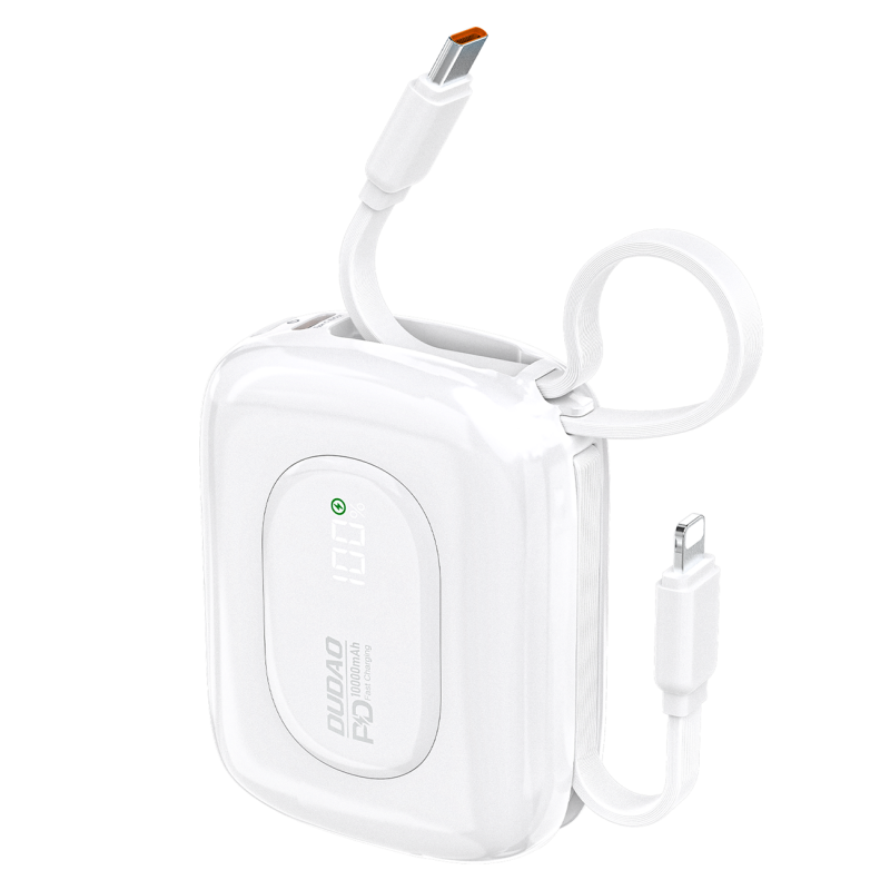 „Dudao K32“ 22,5 W 10000 mAh išorinė baterija su integruotu USB-C / „Lightning“ laidu – balta