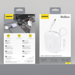 „Dudao K32“ 22,5 W 10000 mAh išorinė baterija su integruotu USB-C / „Lightning“ laidu – balta