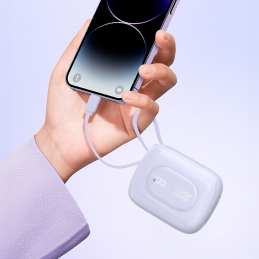 „Dudao K32“ 22,5 W 10000 mAh išorinė baterija su integruotu USB-C / „Lightning“ laidu – violetinė