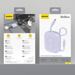 „Dudao K32“ 22,5 W 10000 mAh išorinė baterija su integruotu USB-C / „Lightning“ laidu – violetinė