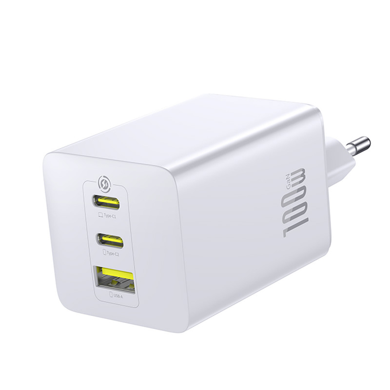 „Baseus EnerFill FE11“ 2 x USB-C / USB-A 100 W sieninis įkroviklis – baltas