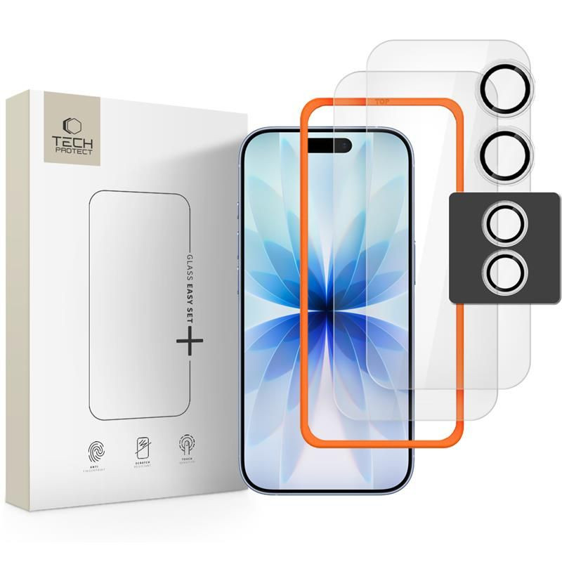 „Tech-Protect Easy Set+“ 3 grūdinto stiklo pakuotė, skirta „iPhone 17“ – skaidri