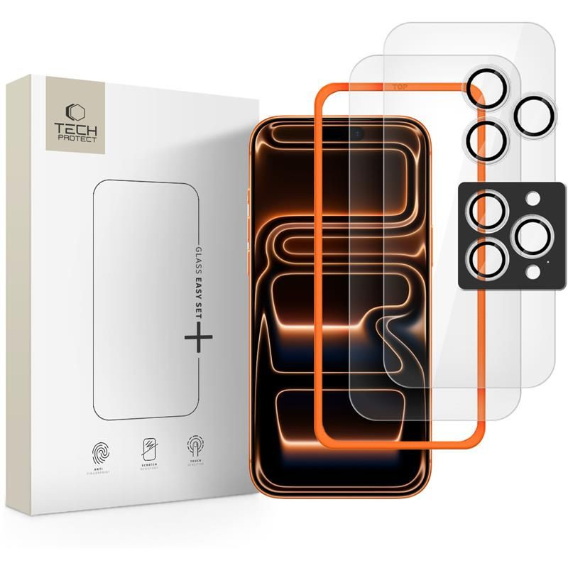 „Tech-Protect Easy Set+“ 3 grūdinto stiklo pakuotė, skirta „iPhone 16 Pro Max“ / „17 Pro Max“ – skaidri