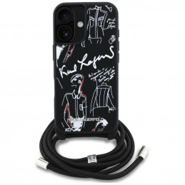 Karl Lagerfeld iPhone 16 dėklas su grūdėtu raštu ir logotipu per petį – juodas