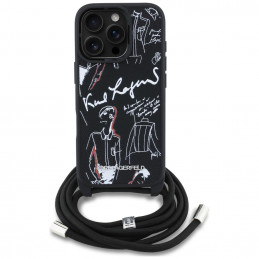 Karl Lagerfeld iPhone 16 Pro Max dėklas per petį su grūdėtu raštu ir logotipu – juodas