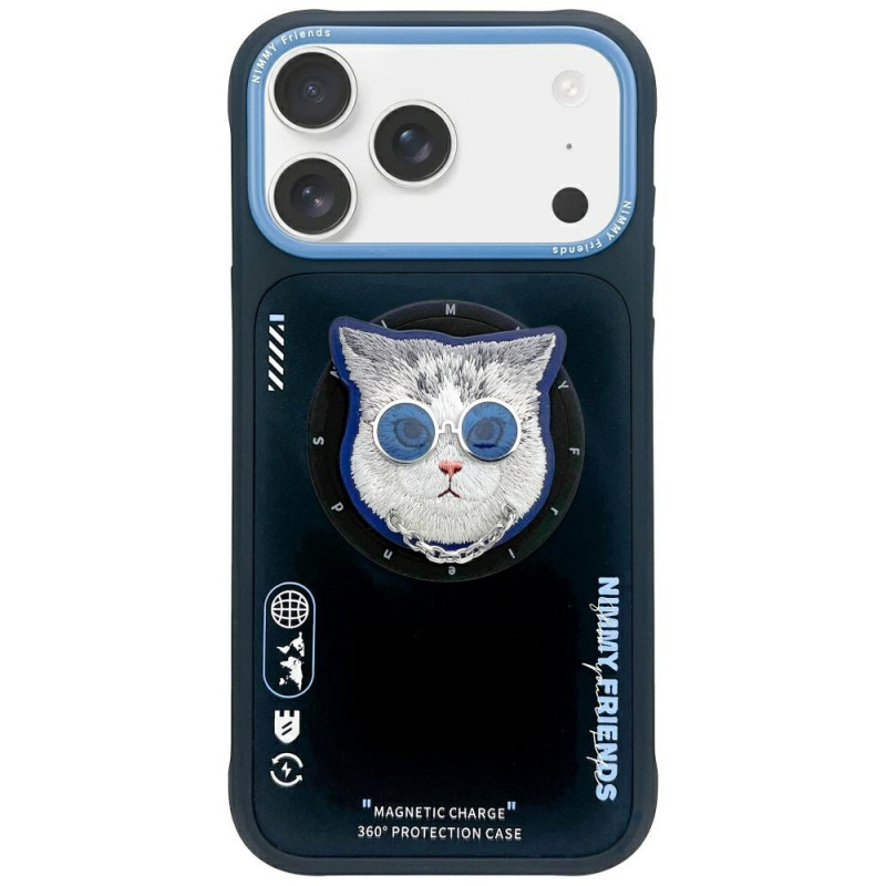 „Nimmy Glasses“ stilingas katino formos „MagSafe“ dėklas, skirtas „iPhone 17 Pro“ – juodas ir mėlynas