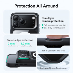 ESR klasikinis hibridinis „MagSafe“ dėklas su atramėle, skirtas „iPhone 17 Pro Max“ – skaidriai juodas
