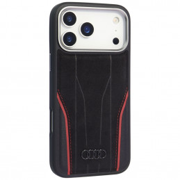 „Audi R8“ natūralios odos „MagSafe“ dėklas, skirtas „iPhone 17 Pro“ – juodas ir raudonas