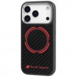 „Audi RSQ“ anglies pluošto sportinis raudono apskritimo formos „MagSafe“ dėklas, skirtas „iPhone 17 Pro“ – juodas