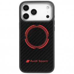 „Audi RSQ“ anglies pluošto sportinis raudono apskritimo formos „MagSafe“ dėklas, skirtas „iPhone 17 Pro Max“ – juodas