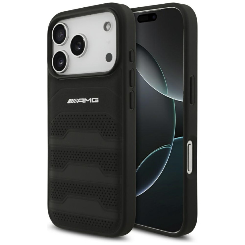 AMG odinis iPhone 17 Pro dėklas su įspaustomis linijomis ir logotipu – juodas