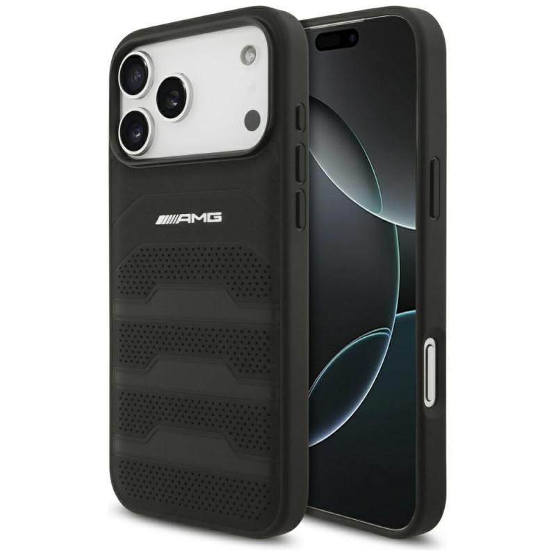 AMG odinis iPhone 17 Pro Max dėklas su įspaustomis linijomis ir logotipu – juodas