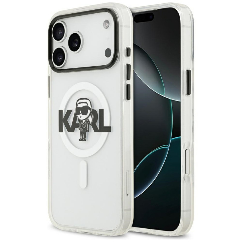„Karl Lagerfeld IML Karl Sketch Logo MagSafe“ dėklas, skirtas „iPhone 17 Pro Max“ – permatomas