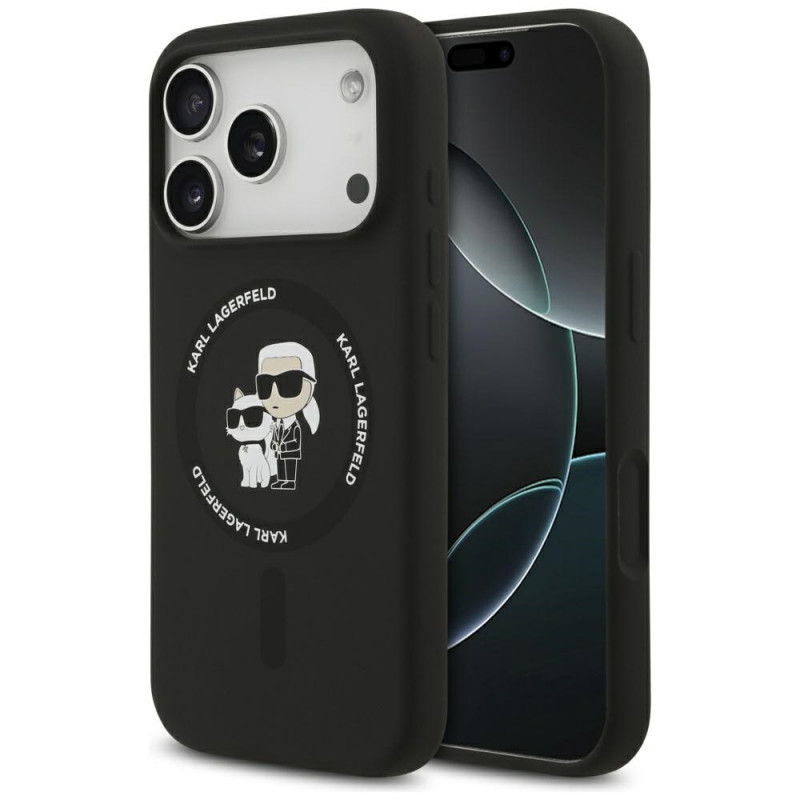 „Karl Lagerfeld“ silikoninis „Karl&Choupette Ring MagSafe“ dėklas, skirtas „iPhone 17 Pro“ – juodas