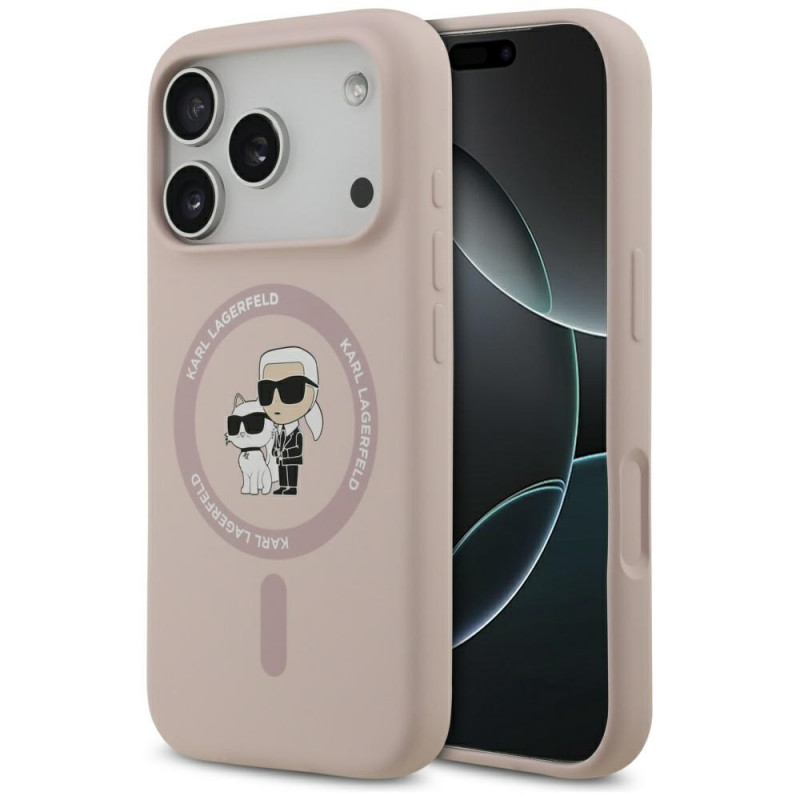 „Karl Lagerfeld“ silikoninis „Karl&Choupette Ring MagSafe“ dėklas, skirtas „iPhone 17 Pro“ – rožinis