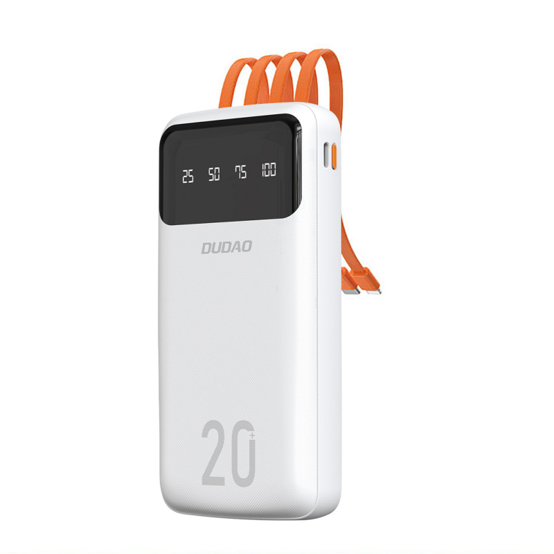 Didelės talpos „Dudao“ nešiojama baterija su 3 integruotais laidais, 20000 mAh, USB C tipo + micro USB + „Lightning“, ba...
