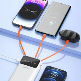 Didelės talpos „Dudao“ nešiojama baterija su 3 integruotais laidais, 20000 mAh, USB C tipo + micro USB + „Lightning“, ba...