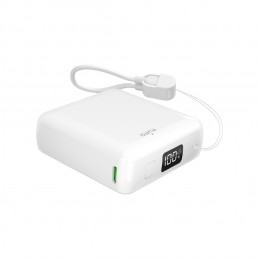 „Puro“ 10000mAh 20W USB-C USB-A išorinė baterija su ekranu ir integruotu USB-C laidu – balta