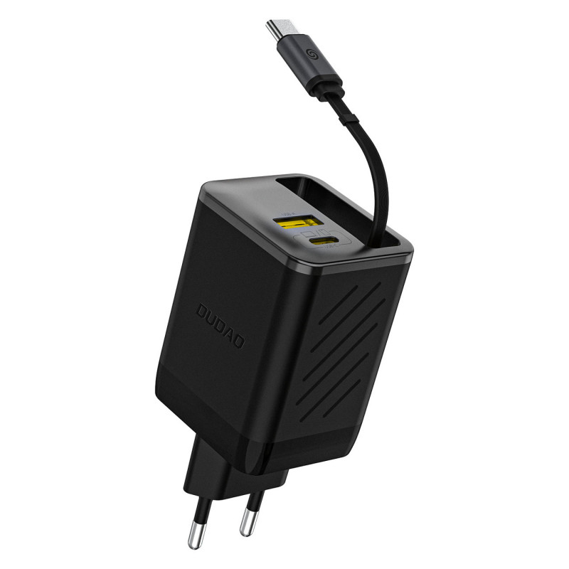 „Dudao A67EU GaN 67W“ sieninis įkroviklis su įmontuotu ištraukiamu USB-C maitinimo laidu – juodas
