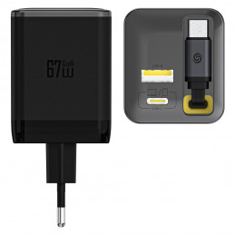 „Dudao A67EU GaN 67W“ sieninis įkroviklis su įmontuotu ištraukiamu USB-C maitinimo laidu – juodas