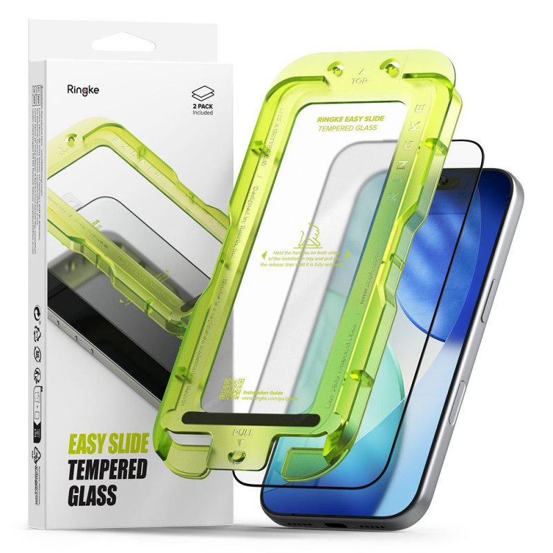 „Ringke Easy Slide“ dviejų grūdintų „iPhone 17 Pro Max“ stiklų pakuotė – juoda