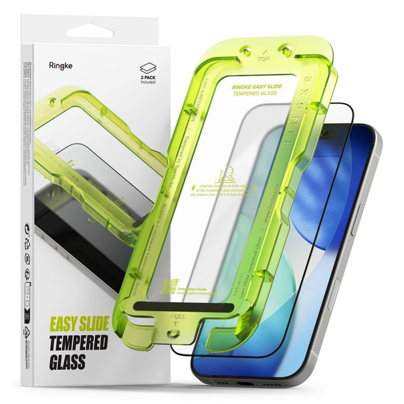 „Ringke Easy Slide“ dviejų grūdintų „iPhone 17“ stiklų pakuotė – juoda