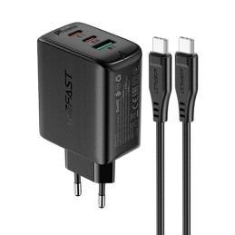 Acefast 2in1 sieninis įkroviklis 2x USB-C / USB-A 65W, PD, QC 3.0, AFC, FCP (rinkinys su USB-C 1,2 m laidu) juoda (A13 j...