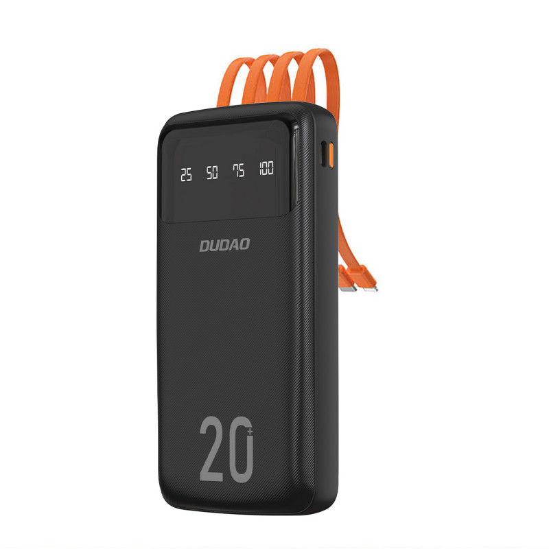 Didelės talpos „Dudao“ nešiojama baterija su 3 integruotais laidais, 20000 mAh, USB C tipo + micro USB + „Lightning“, ju...