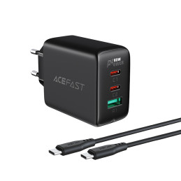 Acefast 2in1 sieninis įkroviklis 2x USB-C / USB-A 65W, PD, QC 3.0, AFC, FCP (rinkinys su USB-C 1,2 m laidu) juoda (A13 j...
