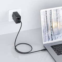 Acefast 2in1 sieninis įkroviklis 2x USB-C / USB-A 65W, PD, QC 3.0, AFC, FCP (rinkinys su USB-C 1,2 m laidu) juoda (A13 j...
