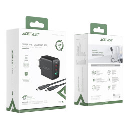 Acefast 2in1 sieninis įkroviklis 2x USB-C / USB-A 65W, PD, QC 3.0, AFC, FCP (rinkinys su USB-C 1,2 m laidu) juoda (A13 j...