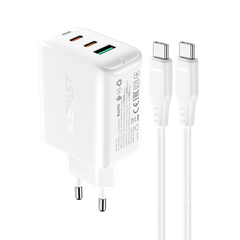 Acefast 2in1 sieninis įkroviklis 2x USB-C / USB-A 65W, PD, QC 3.0, AFC, FCP (rinkinys su USB-C 1,2 m laidu) balta (A13 b...