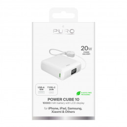 „Puro“ 10000mAh 20W USB-C USB-A išorinė baterija su ekranu ir integruotu USB-C laidu – balta