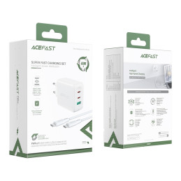 Acefast 2in1 sieninis įkroviklis 2x USB-C / USB-A 65W, PD, QC 3.0, AFC, FCP (rinkinys su USB-C 1,2 m laidu) balta (A13 b...