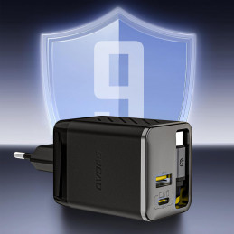„Dudao A67EU GaN 67W“ sieninis įkroviklis su įmontuotu ištraukiamu USB-C maitinimo laidu – juodas