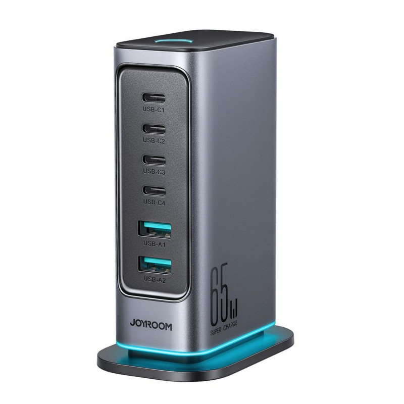 „Joyroom JR-TCM02 GaN 65W“ įkroviklis, įkrovimo stotelė, 4xUSB-C, 2xUSB-A, JK kištukas - pilka